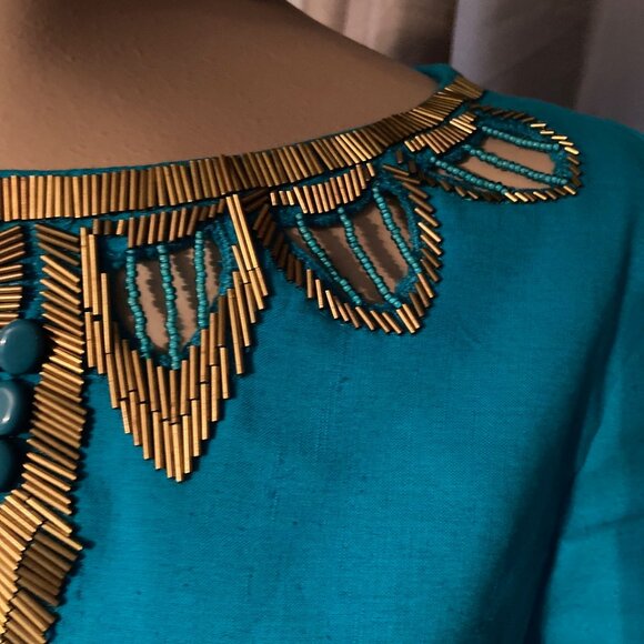 FAB LUX ANNE KLEIN NY BEJEWLED SHEATH LETS PARTY LINEN BLEND DRESS TURQUOISE - Picture 5 of 11